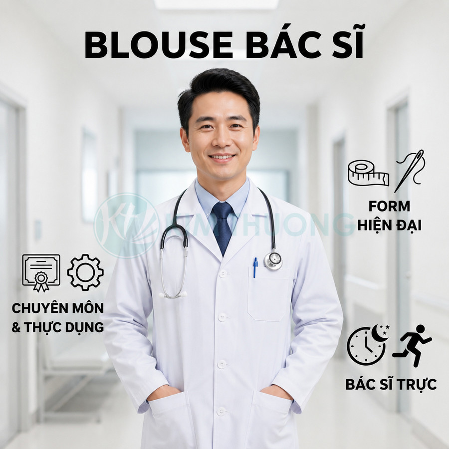 Áo blouse bác sĩ nam màu trắng form hiện đại cho bác sĩ trực trong bệnh viện