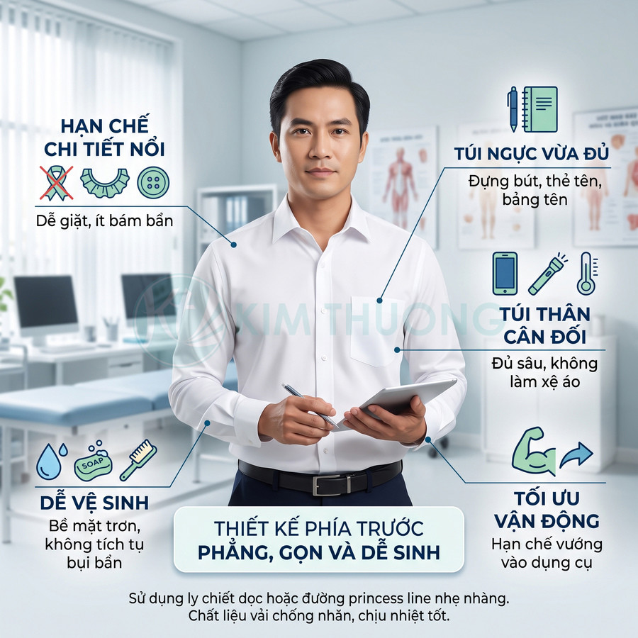 Áo blouse nam màu trắng thiết kế phẳng gọn, túi ngực và túi thân tiện dụng cho bác sĩ trong phòng khám