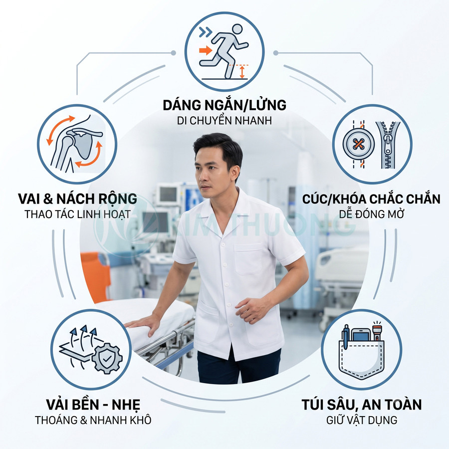 Nam nhân viên y tế mặc áo blouse trắng tay ngắn, vải bền nhẹ, nhiều túi tiện dụng trong bệnh viện