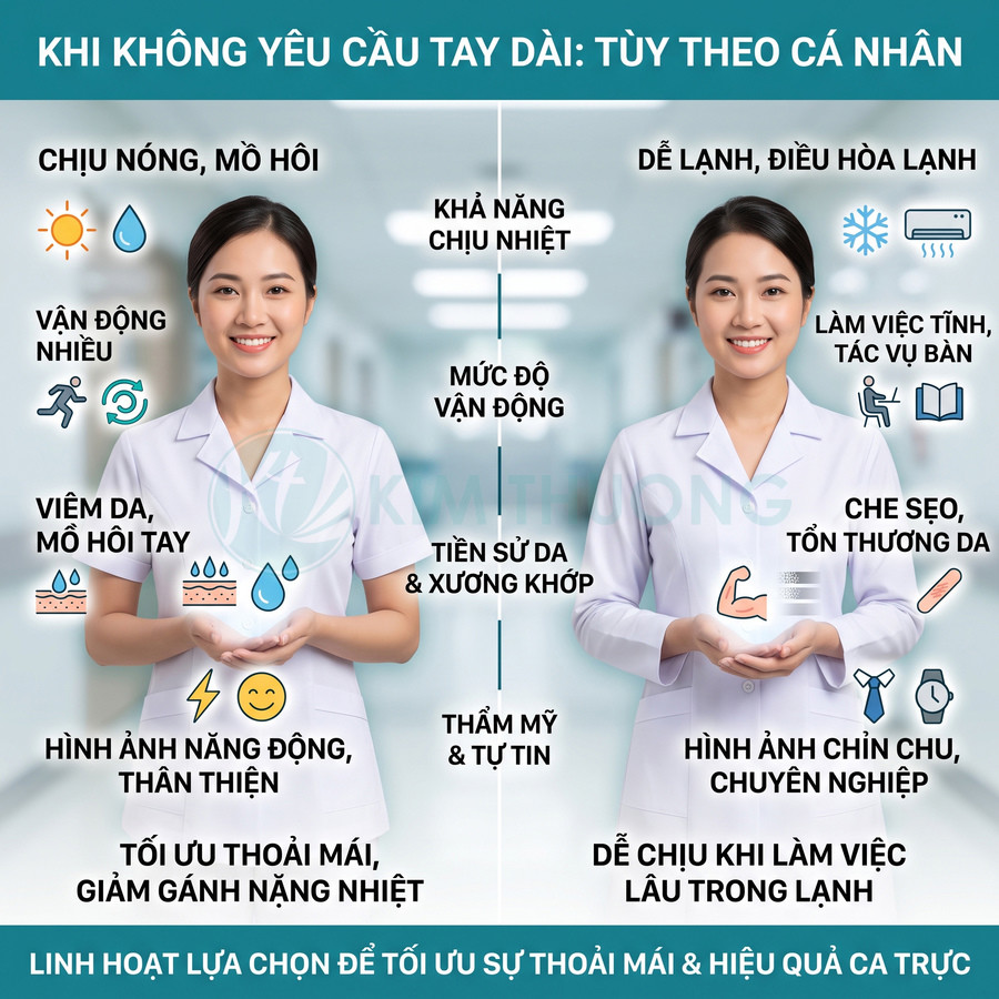 So sánh đồng phục y tá tay ngắn và tay dài, nêu ưu điểm thoải mái, thẩm mỹ và phù hợp môi trường làm việc