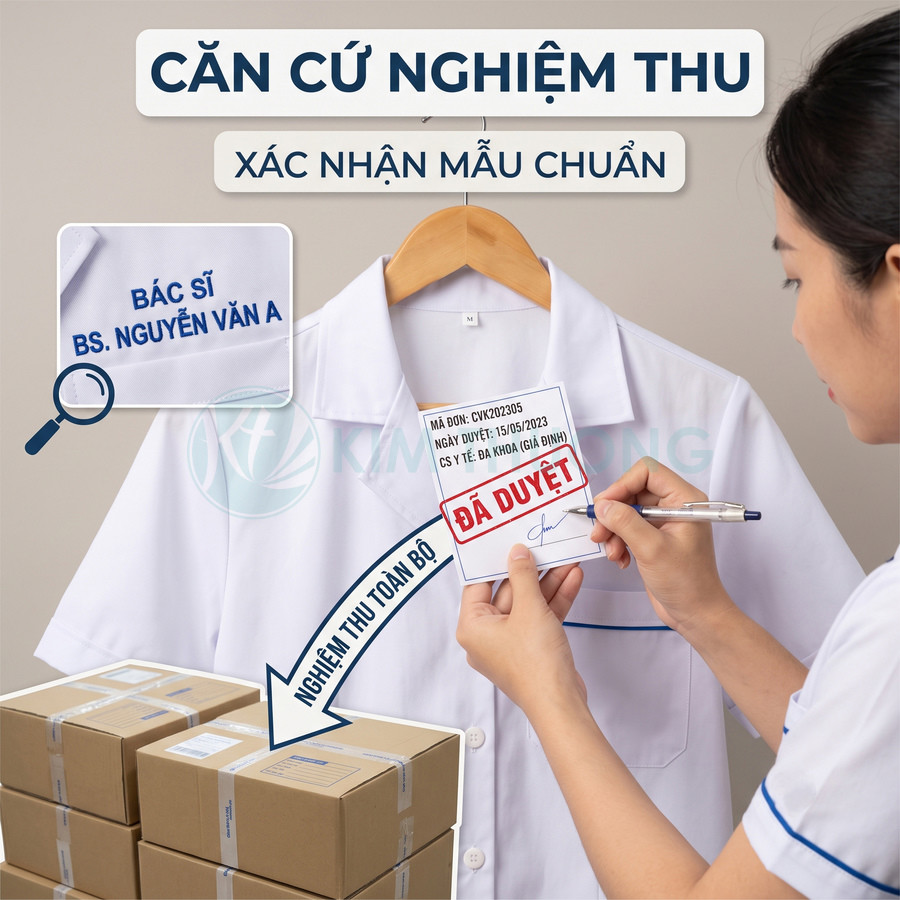 Áo blouse bác sĩ thêu tên được kiểm tra nghiệm thu và đóng gói giao cho cơ sở y tế