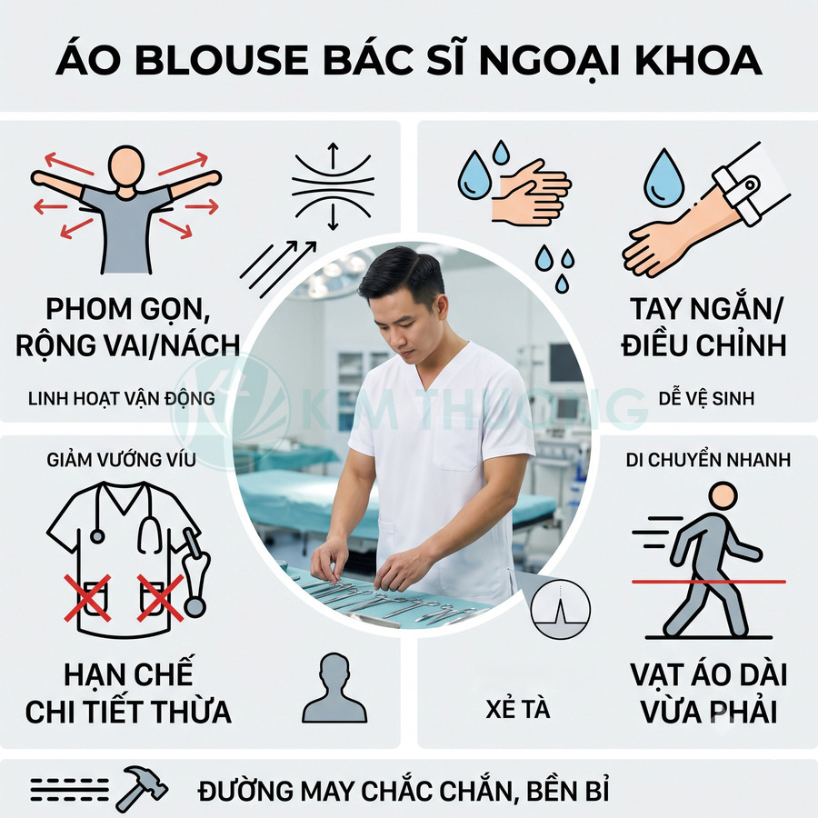 Áo blouse bác sĩ ngoại khoa tay ngắn màu trắng, phom gọn linh hoạt, hạn chế chi tiết thừa, đường may chắc chắn