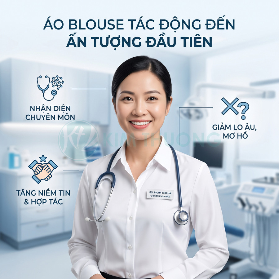 Nữ bác sĩ nha khoa mặc áo blouse trắng, đeo ống nghe, mỉm cười trong phòng khám hiện đại