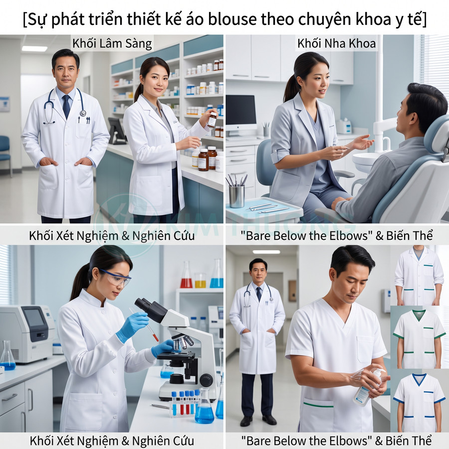 Các mẫu áo blouse y tế cho bác sĩ lâm sàng, nha khoa, xét nghiệm và kiểu bare below the elbows