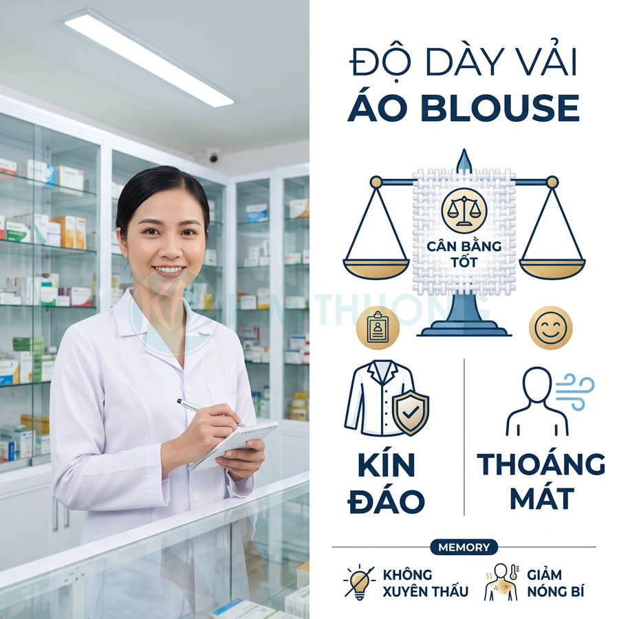 Áo blouse dược sĩ vải dày vừa phải, kín đáo nhưng thoáng mát, không xuyên thấu, giảm nóng bí trong hiệu thuốc