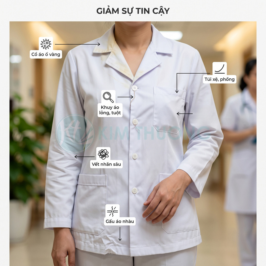 Áo blouse y tế trắng bị ố vàng, nhăn nhàu, túi áo xệ và khuy áo lỏng làm giảm sự chuyên nghiệp