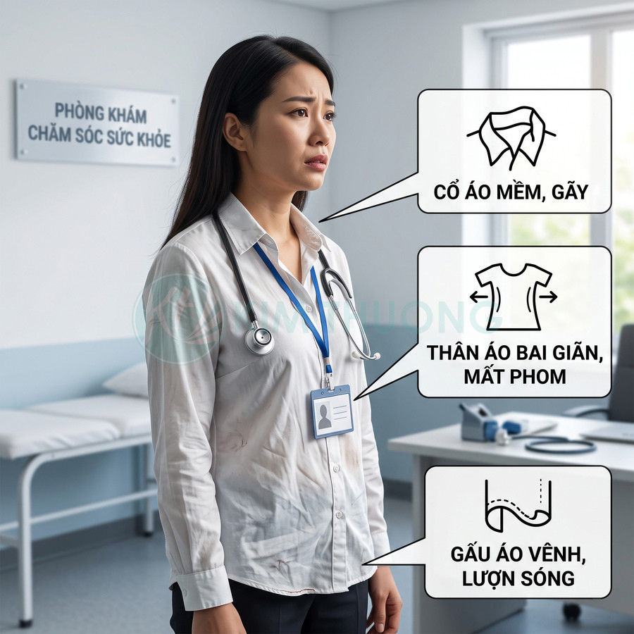 Áo blouse bác sĩ bị nhăn, cổ áo mềm gãy, thân áo bai giãn và gấu áo vênh trong phòng khám