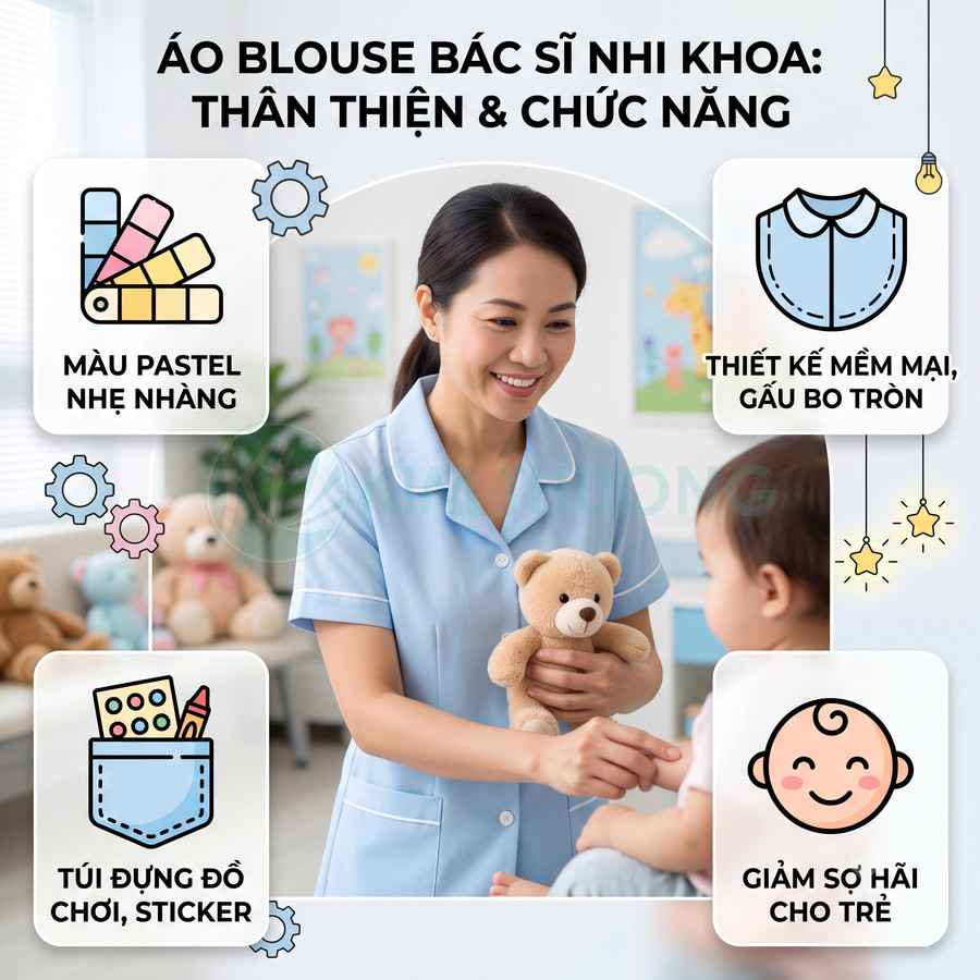 Áo blouse bác sĩ nhi khoa màu xanh pastel mềm mại, có túi đựng đồ chơi giúp trẻ bớt sợ hãi