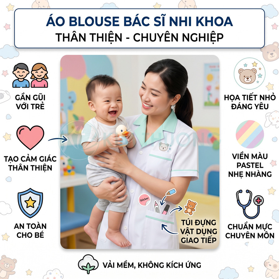 Áo blouse bác sĩ nhi khoa màu trắng viền xanh pastel, họa tiết gấu dễ thương, nữ bác sĩ bế em bé cười vui
