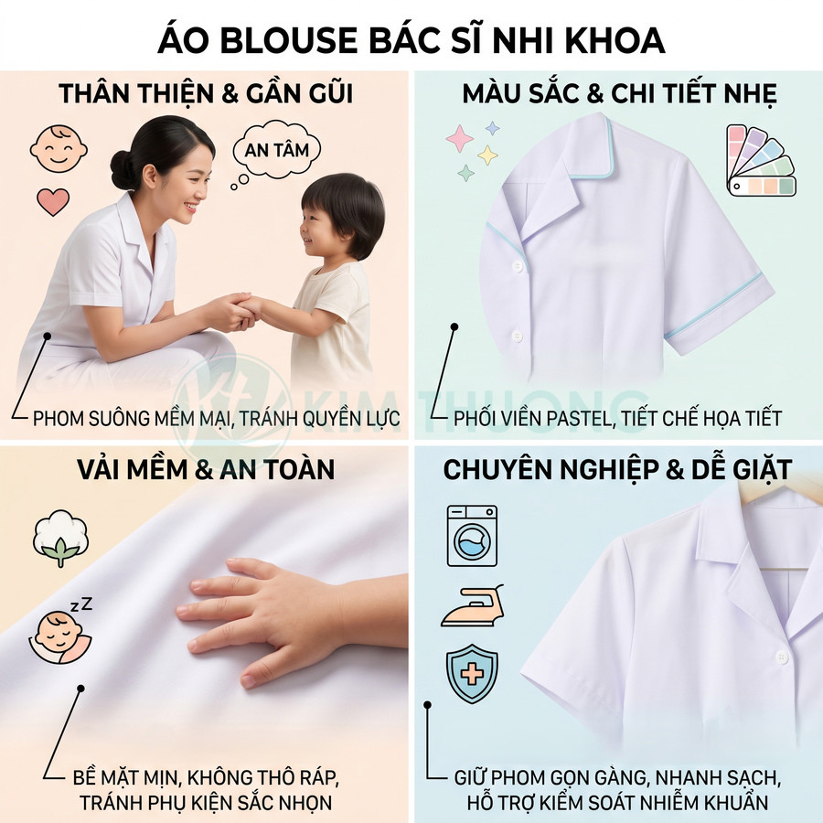 Áo blouse bác sĩ nhi khoa màu trắng tay ngắn, vải mềm an toàn, thiết kế thân thiện với trẻ em