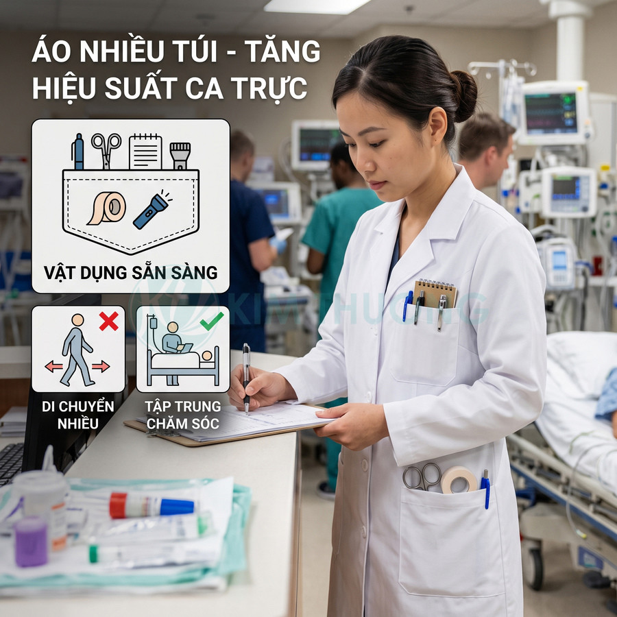 Áo blouse y tế nhiều túi giúp bác sĩ mang theo dụng cụ và tập trung chăm sóc bệnh nhân trong ca trực