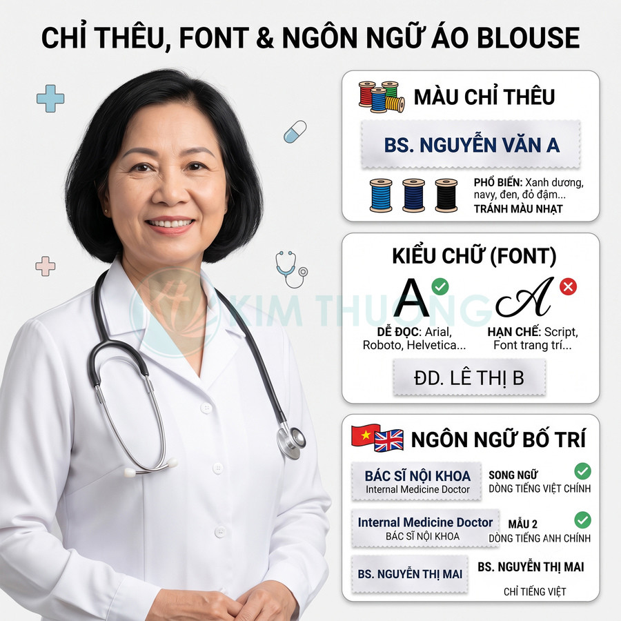 Bác sĩ nữ mặc áo blouse trắng đeo ống nghe, minh họa hướng dẫn chọn màu chỉ thêu, font chữ và ngôn ngữ trên áo blouse
