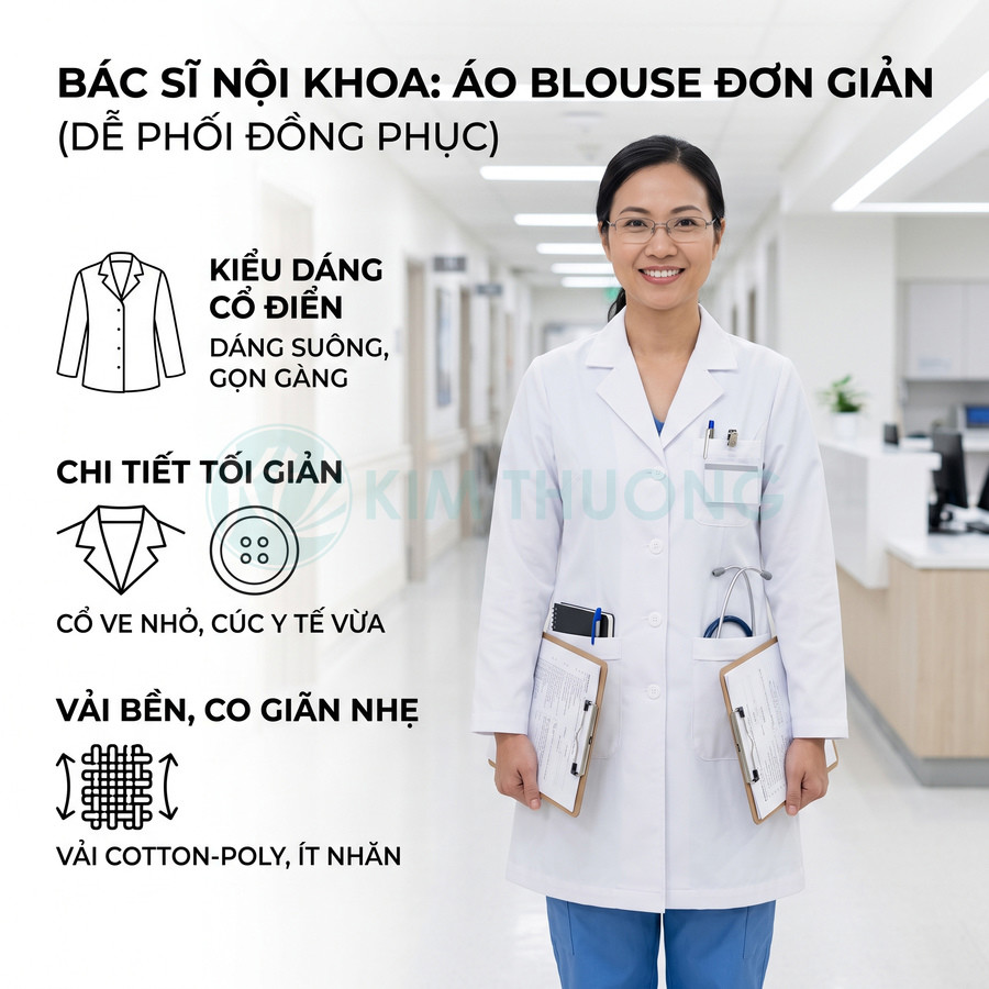 Bác sĩ nội khoa mặc áo blouse trắng dáng suông cổ điển, chất liệu cotton poly ít nhăn trong bệnh viện