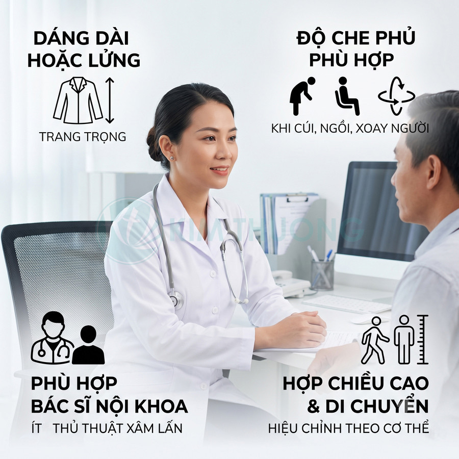 Bác sĩ nữ mặc áo blouse trắng dài tư vấn cho bệnh nhân nam trong phòng khám hiện đại