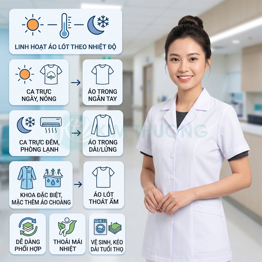 Nữ nhân viên y tế mặc áo blouse trắng và áo lót thấm hút mồ hôi trong bệnh viện