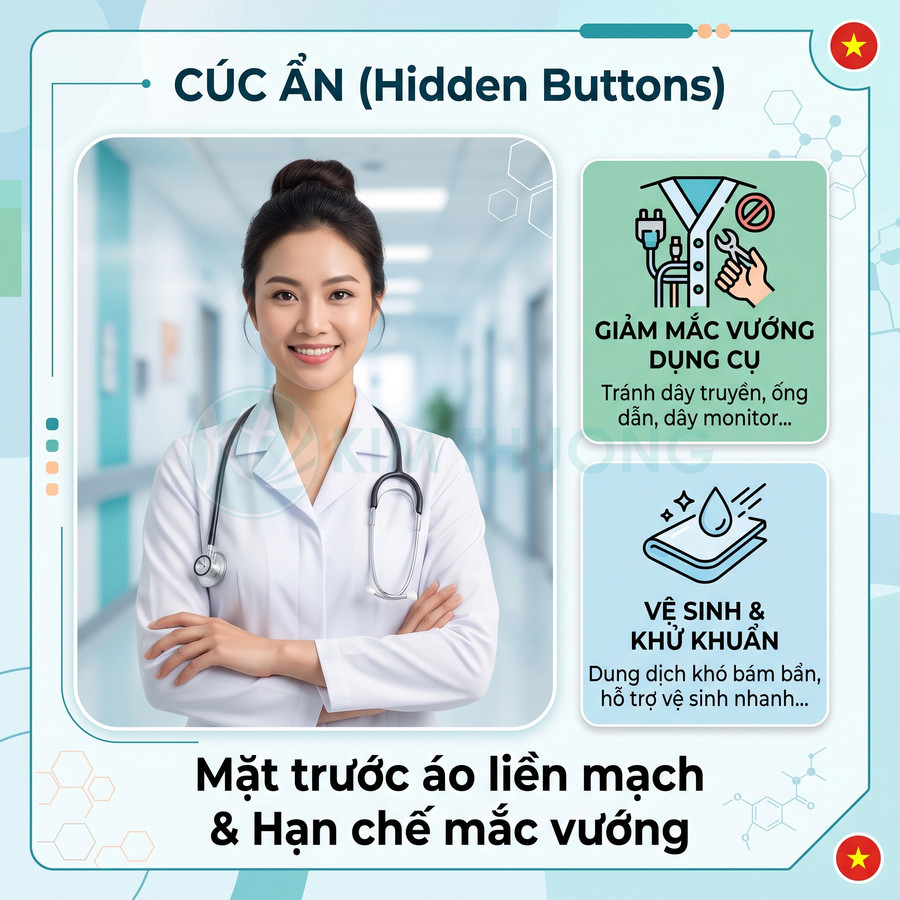 Áo blouse bác sĩ cúc ẩn màu trắng, mặt trước liền mạch giúp giảm mắc vướng dụng cụ và dễ vệ sinh khử khuẩn