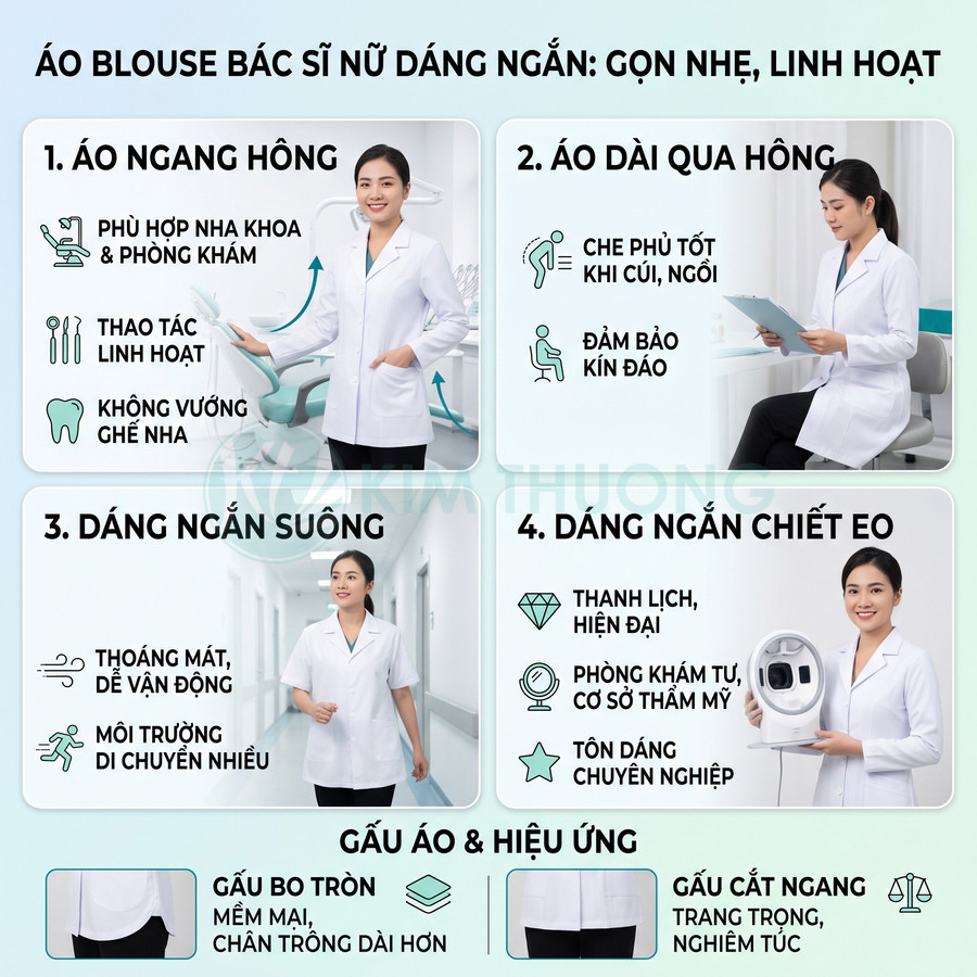 Các mẫu áo blouse bác sĩ nữ dáng ngắn gọn nhẹ linh hoạt cho phòng khám và bệnh viện