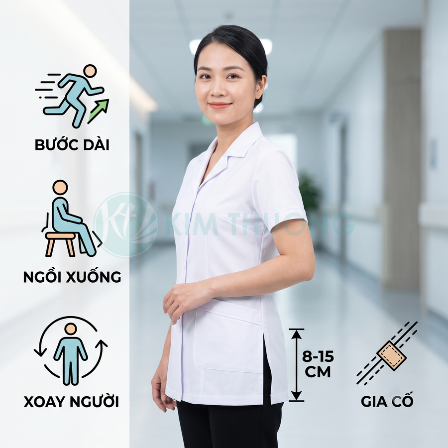 Áo blouse y tế nữ màu trắng tay ngắn có xẻ tà 8 15 cm giúp bước dài ngồi xuống xoay người thoải mái
