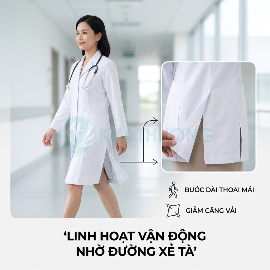 Áo blouse bác sĩ nữ màu trắng có đường xẻ tà hai bên giúp di chuyển thoải mái trong bệnh viện