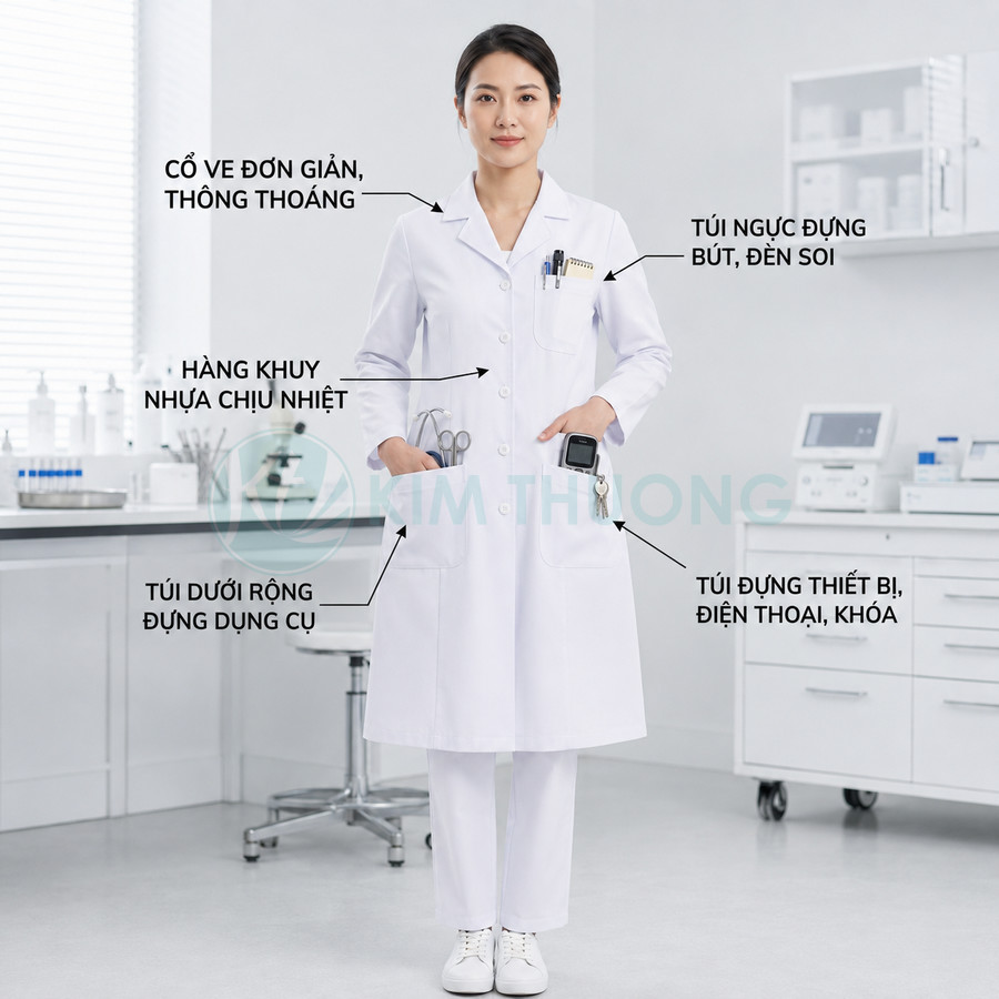 Áo blouse bác sĩ trắng cổ ve đơn giản nhiều túi tiện dụng cho bút, dụng cụ và thiết bị y tế