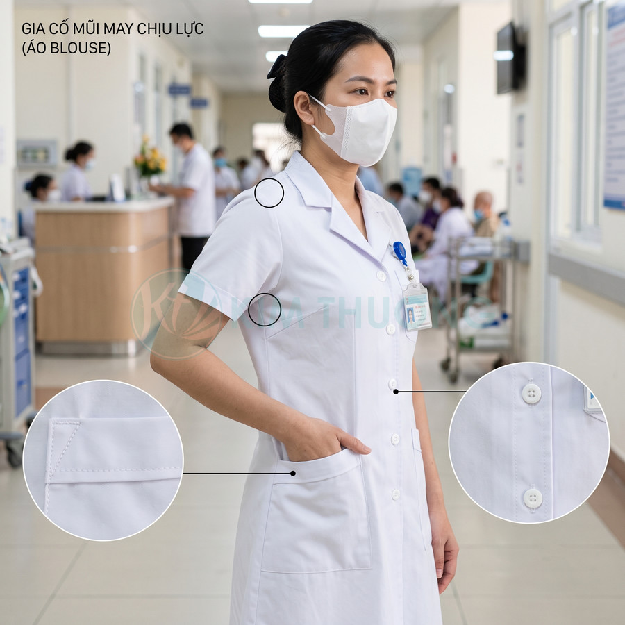 Nữ y tá mặc áo blouse trắng may gia cố mũi chịu lực và túi áo trong bệnh viện