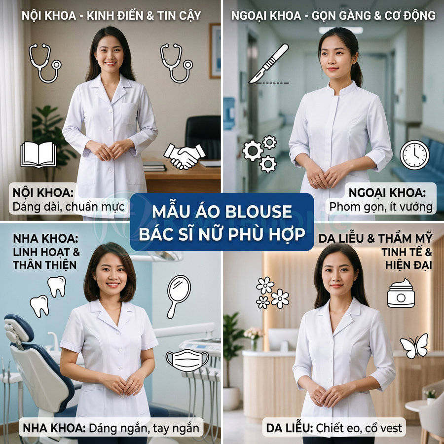 Mẫu áo blouse bác sĩ nữ trắng cho nội khoa, ngoại khoa, nha khoa, da liễu, thiết kế gọn gàng và chuyên nghiệp