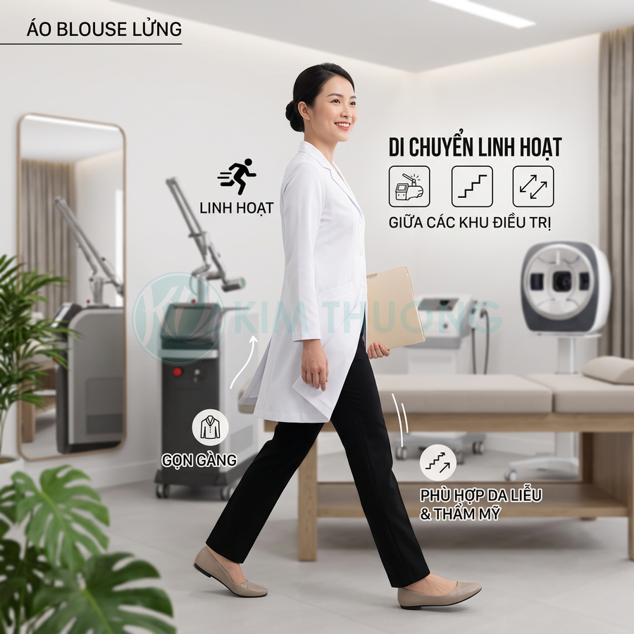 Áo blouse lửng nữ màu trắng cho bác sĩ da liễu, thiết kế gọn gàng linh hoạt khi di chuyển trong phòng khám