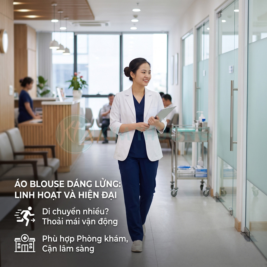 Nữ bác sĩ mặc áo blouse dáng lửng màu trắng hiện đại đang đi lại trong hành lang phòng khám