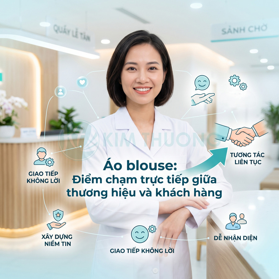 Nữ bác sĩ mặc áo blouse trắng đứng tại quầy lễ tân phòng khám hiện đại, nhấn mạnh vai trò áo blouse trong giao tiếp thương hiệu