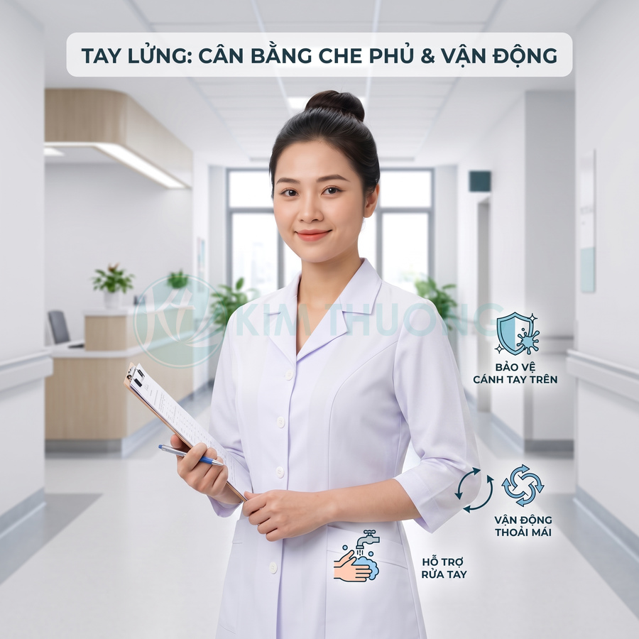 Áo blouse y tế tay lửng màu trắng cho nữ điều dưỡng, thiết kế bảo vệ cánh tay và hỗ trợ vận động thoải mái