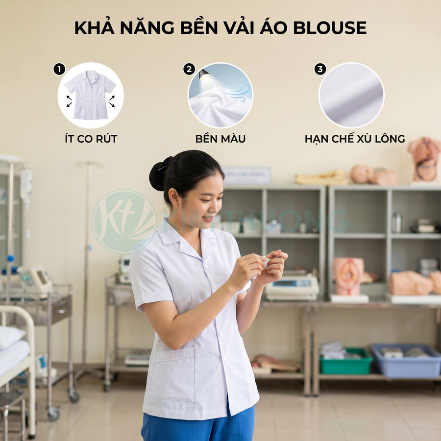 Nữ nhân viên y tế mặc áo blouse trắng ngắn tay đứng trong phòng khám, giới thiệu độ bền vải áo