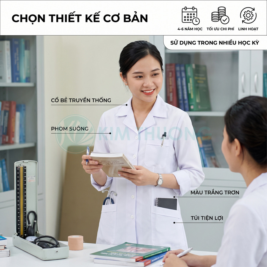 Áo blouse trắng nữ cổ bẻ truyền thống phom suông túi lớn cho sinh viên y khoa trong phòng khám