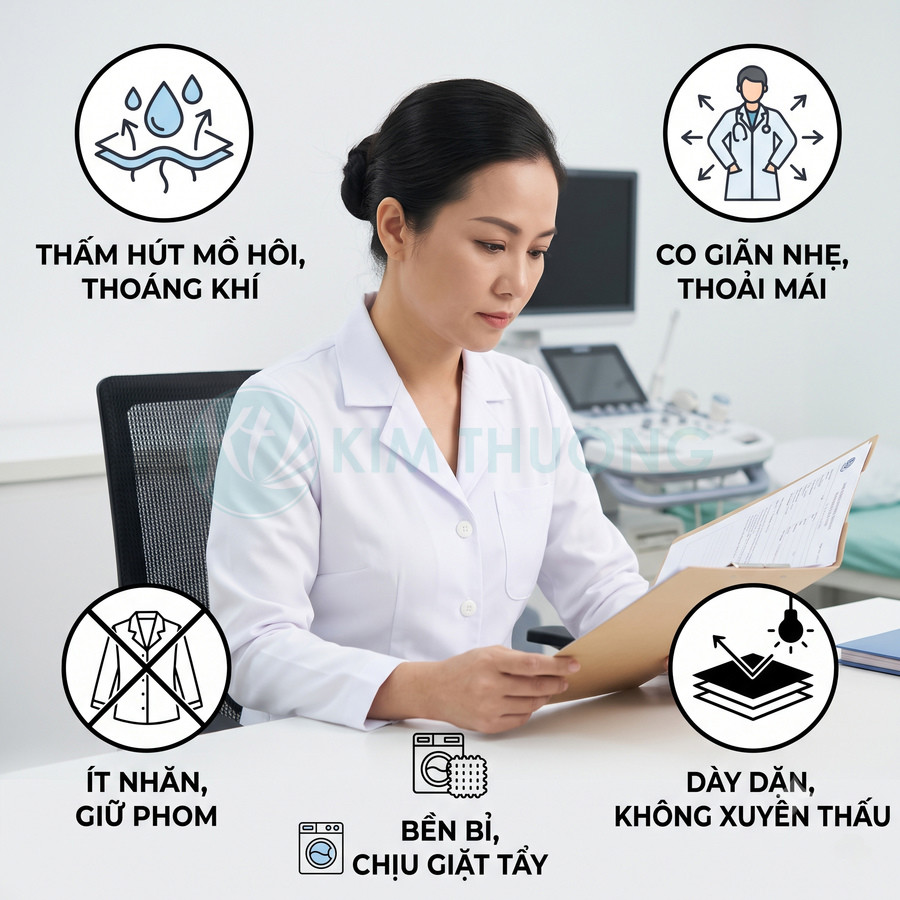 Áo blouse bác sĩ nữ màu trắng chất liệu dày dặn, thấm hút mồ hôi, ít nhăn, co giãn nhẹ, bền khi giặt tẩy