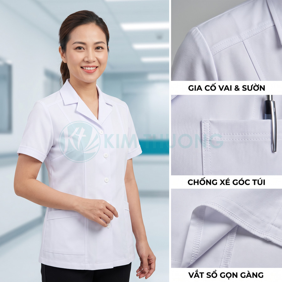 Áo blouse y tá nữ tay ngắn màu trắng, thiết kế túi tiện dụng, đường may gia cố vai sườn và gấu áo gọn gàng