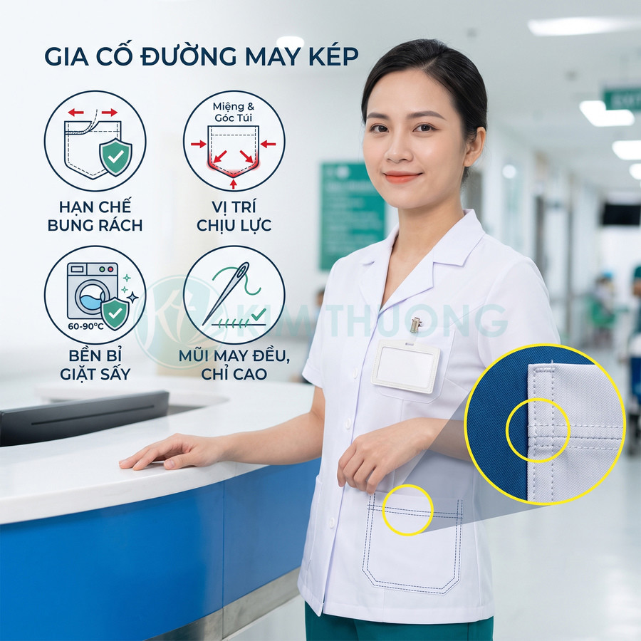 Áo blouse y tá trắng đường may kép chắc chắn, túi áo gia cố hạn chế bung rách, bền khi giặt sấy