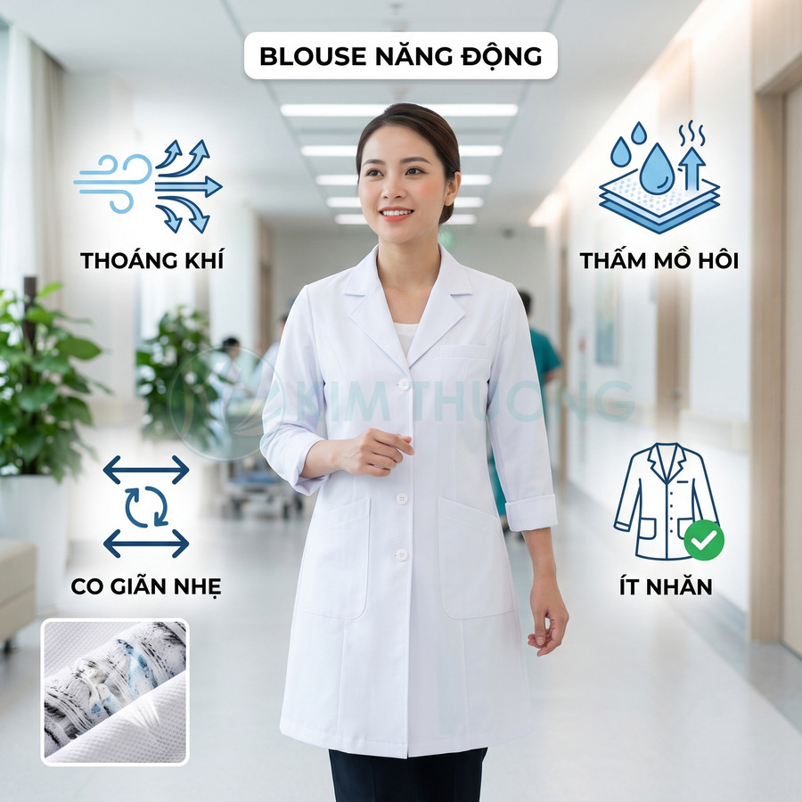 Áo blouse bác sĩ trắng tay lửng thoáng khí thấm mồ hôi co giãn nhẹ ít nhăn cho nhân viên y tế