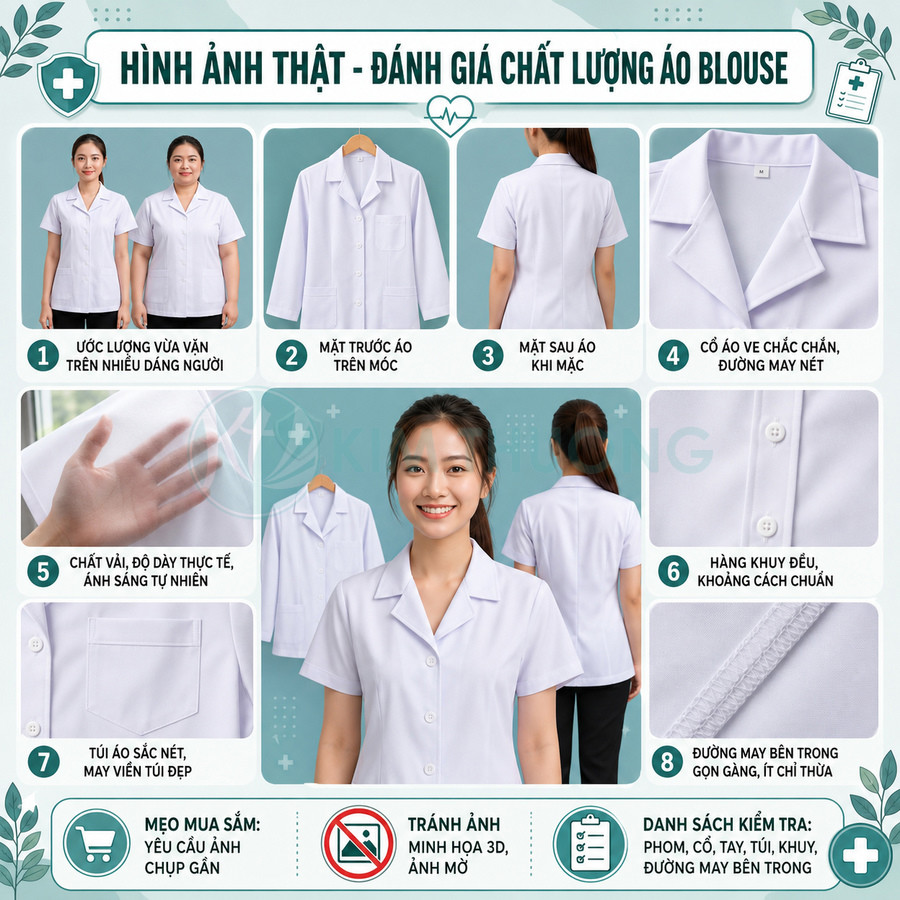 Áo blouse y tế trắng tay ngắn cho nữ, chất vải dày dặn, đường may sắc nét, form đứng gọn gàng