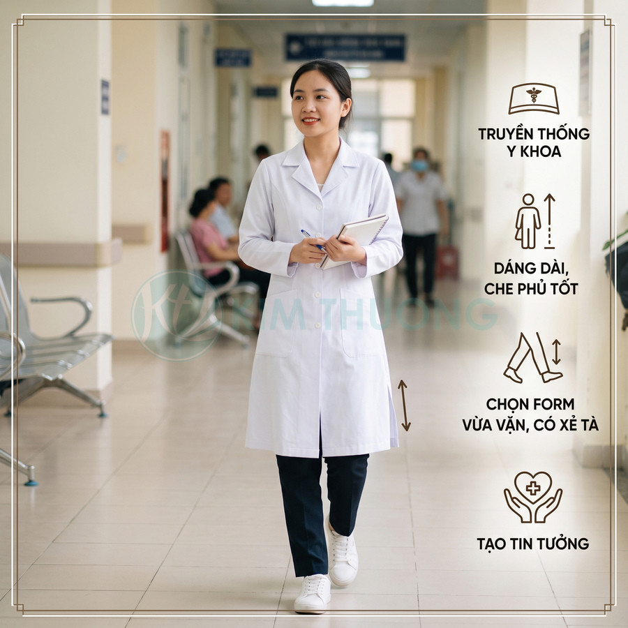 Áo blouse bác sĩ nữ dáng dài màu trắng form vừa vặn, xẻ tà, phối quần tối màu và giày thể thao trắng trong bệnh viện