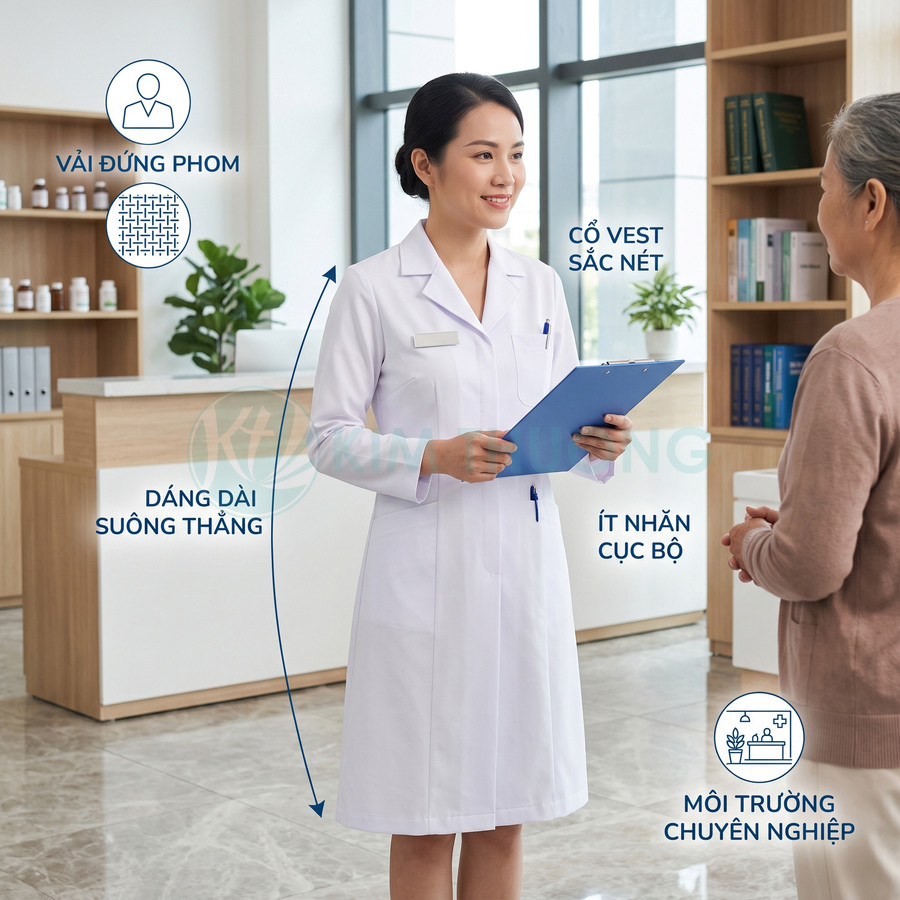 Bác sĩ nữ mặc áo blouse trắng dáng dài suông thẳng, cổ vest sắc nét tư vấn cho bệnh nhân trong phòng khám