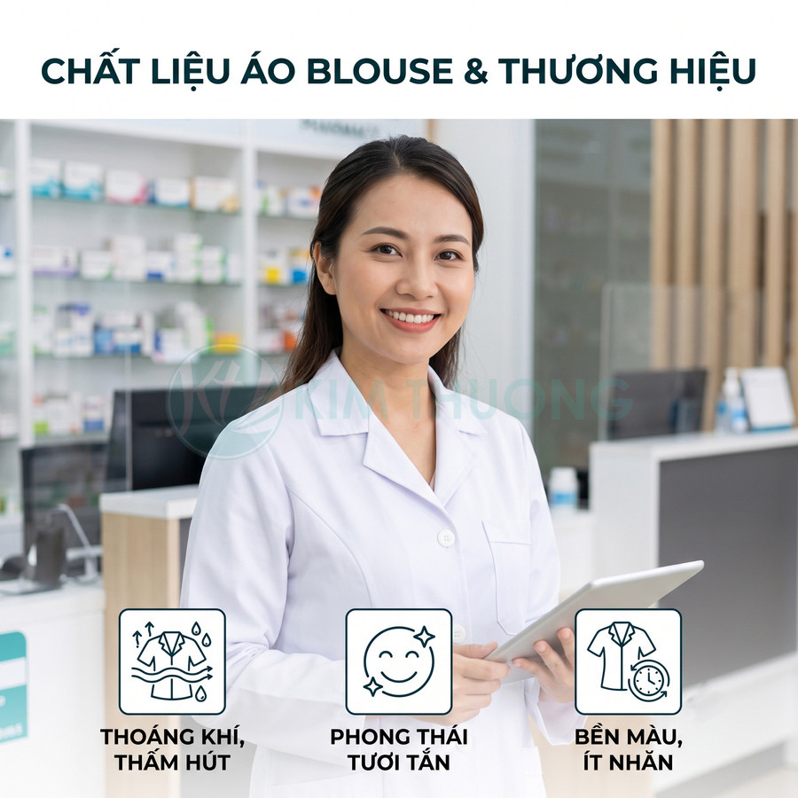 Dược sĩ mặc áo blouse trắng cầm máy tính bảng trong nhà thuốc, nhấn mạnh chất liệu thoáng khí và bền màu