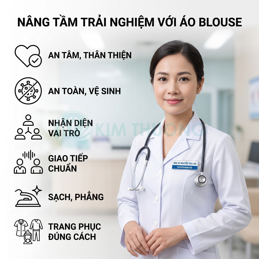 Bác sĩ nữ mặc áo blouse trắng sạch phẳng đeo ống nghe đứng trong phòng khám hiện đại