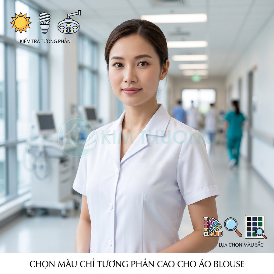 Nữ y tá mặc áo blouse trắng tay ngắn đứng trong hành lang bệnh viện sáng sủa
