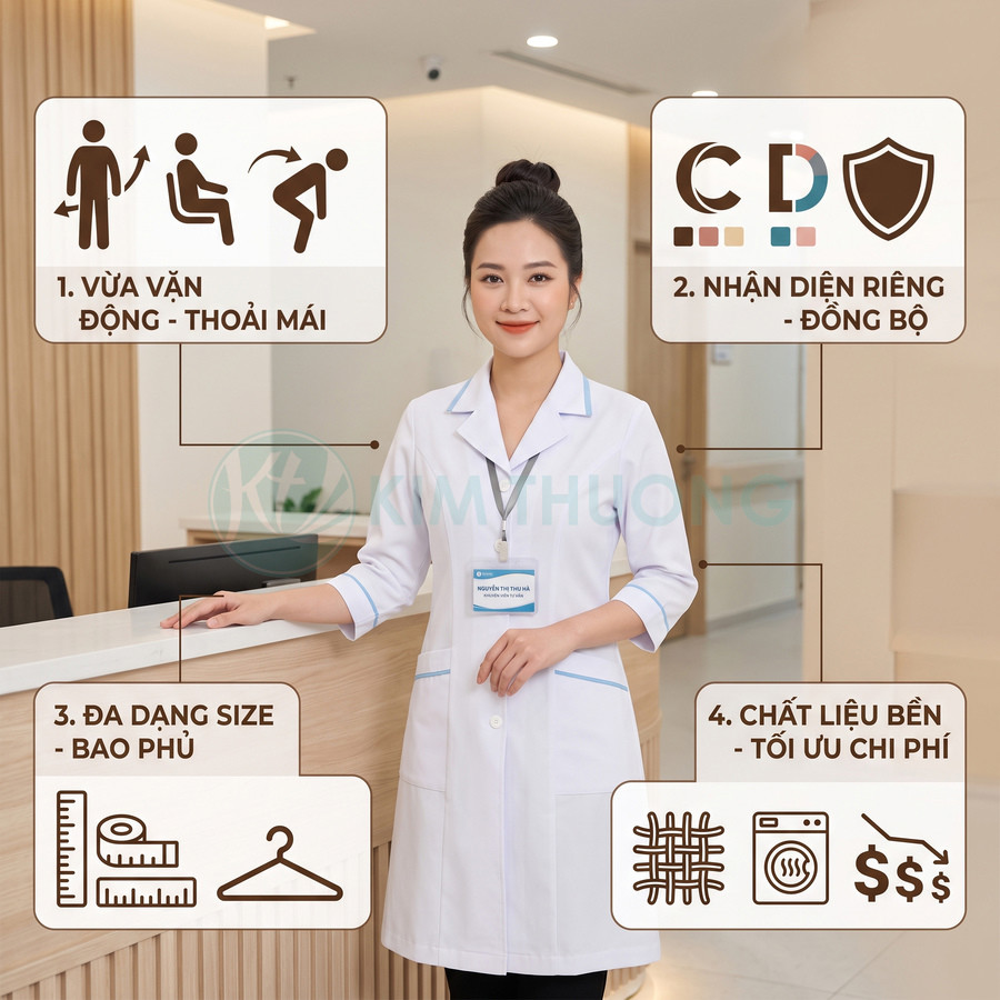 Đồng phục y tá nữ màu trắng tay lửng, thiết kế đơn giản thoải mái trong không gian phòng khám hiện đại