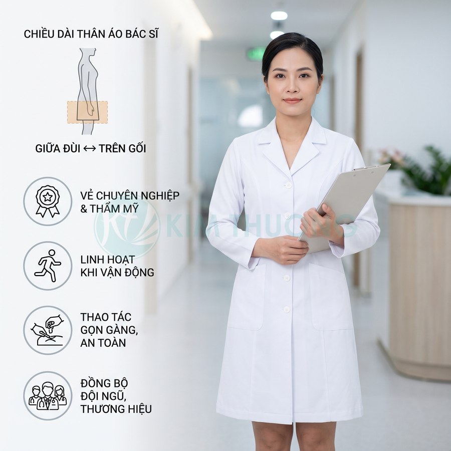 Áo blouse bác sĩ trắng dáng dài chuyên nghiệp, nữ bác sĩ cầm bảng hồ sơ đứng trong hành lang bệnh viện