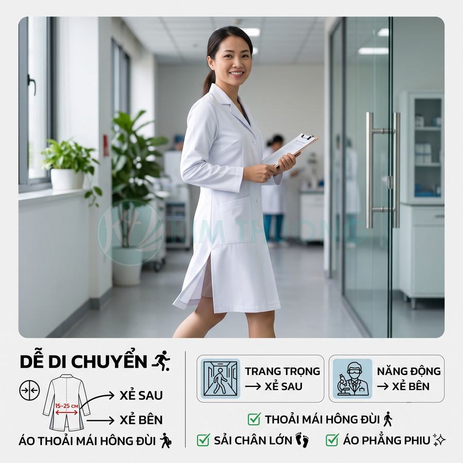 Áo blouse bác sĩ nữ màu trắng xẻ sau và xẻ bên, thiết kế dài qua gối dễ di chuyển trong bệnh viện