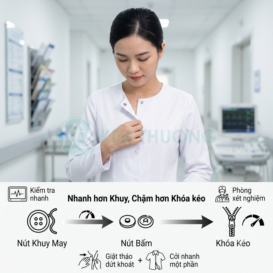 Áo blouse bác sĩ cài nút bấm tiện lợi trong phòng khám bệnh viện hiện đại
