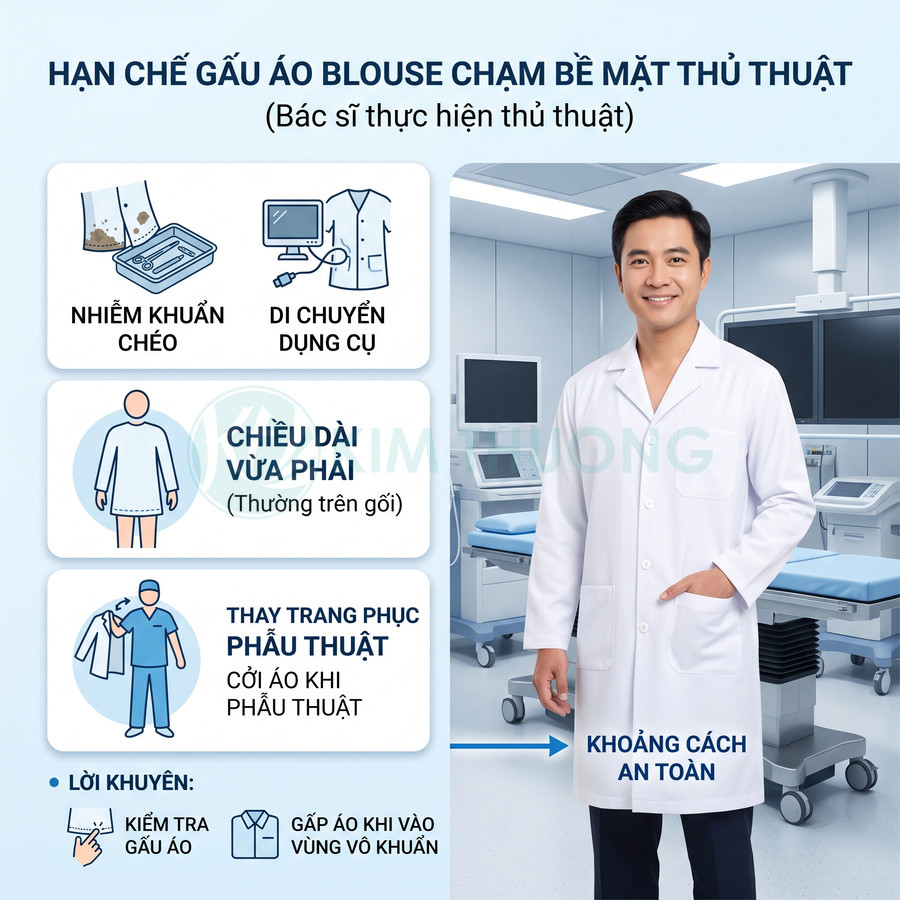 Bác sĩ mặc áo blouse trắng dài đứng trong phòng phẫu thuật hiện đại với thiết bị y tế xung quanh