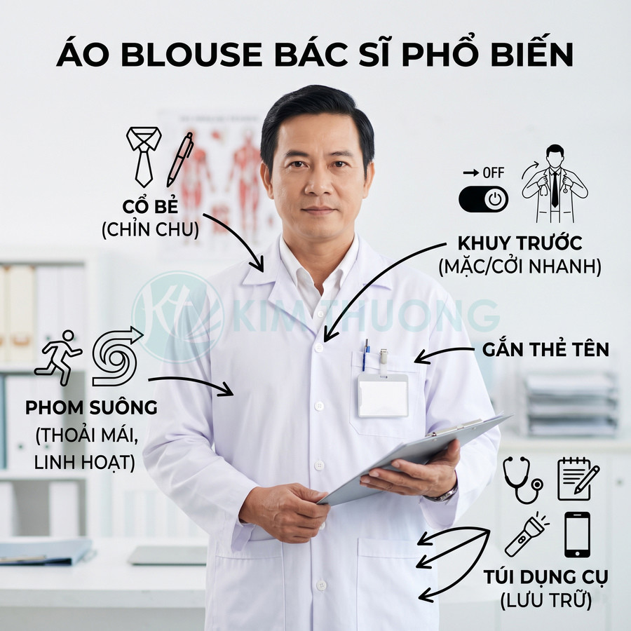 Áo blouse bác sĩ màu trắng phom suông có túi dụng cụ và vị trí gắn thẻ tên tiện lợi