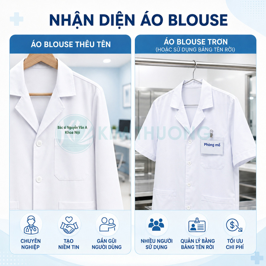 So sánh áo blouse thêu tên bác sĩ và áo blouse trơn gắn bảng tên rời treo trên móc trong bệnh viện