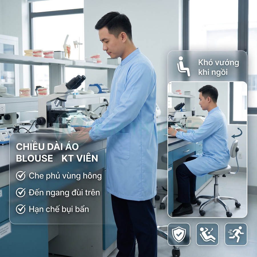 Áo blouse phòng thí nghiệm màu xanh nhạt cho kỹ thuật viên, dáng dài che hông, hạn chế bụi bẩn khi làm việc